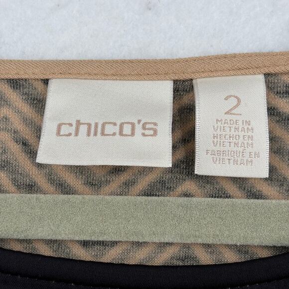 Chico's Blouse Top Size L Black Tan Mixed Media Floral Chevron Short Sleeve - Picture 5 of 12